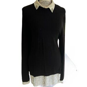 Black Knit Long Sleeve Light Weight Top with White Jeweled Collar Size XL